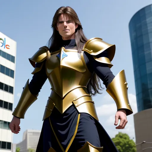 a woman in a gold and black costume standing in front of a building with a building in the background, by Sailor Moon