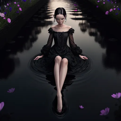 a woman sitting in a pond of water with purple flowers around her and a dark background with a long path, by Tom Bagshaw