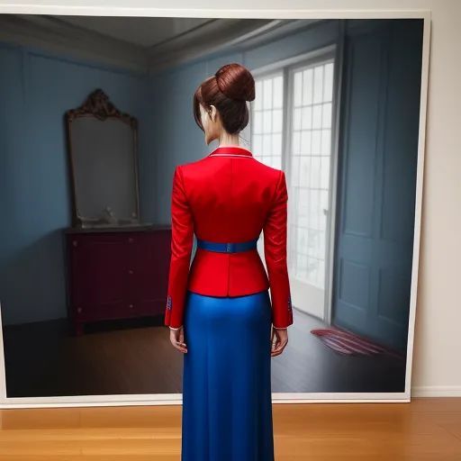 word to image generator ai - a woman in a red jacket and blue skirt looking at a painting of a woman in a blue dress, by Sandy Skoglund