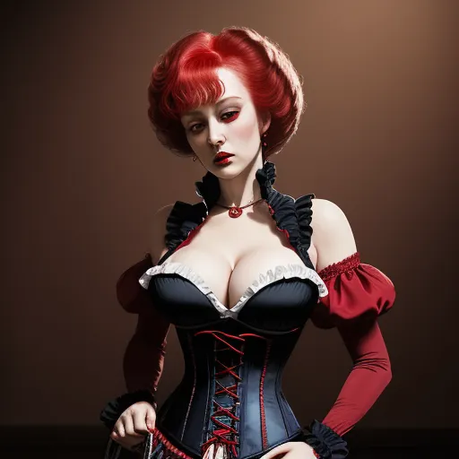 a woman with red hair wearing a corset and holding a purse in her hand and posing for a picture, by Terada Katsuya