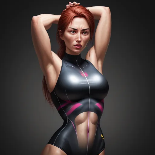 a woman in a black and pink bodysuit with headphones on her ears and a black background with a gray background, by Lois van Baarle