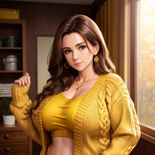high resolution images - a woman in a yellow sweater posing for a picture in a kitchen with a window behind her and a wooden cabinet, by Akira Toriyama