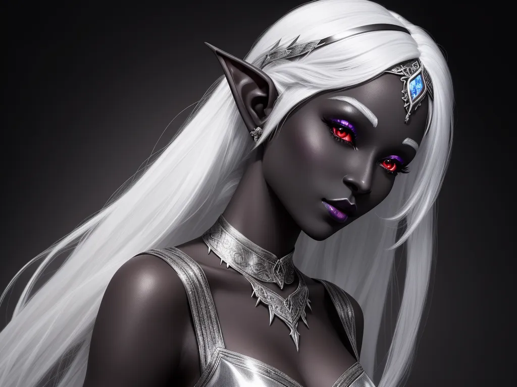 image convertion: 1 gorgeous female drow elf, black skin, white