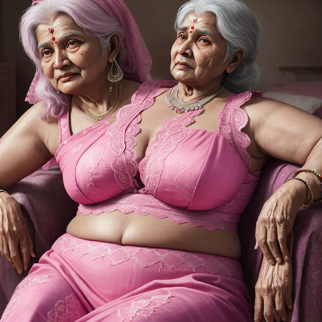 a painting of two older women in pink lingerie outfits sitting on a couch together, one of them is wearing a tiara, by Laurie Lipton