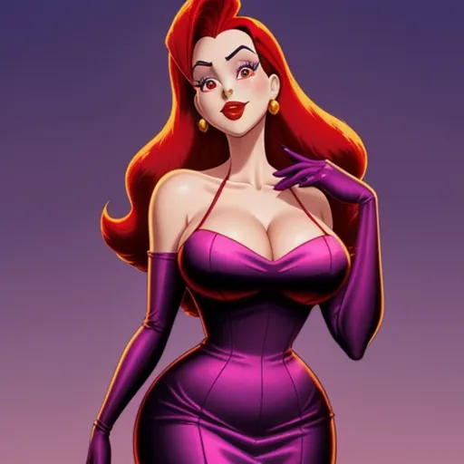 a woman in a purple dress with a red hair and a big breast is standing in front of a purple background, by Hanna-Barbera