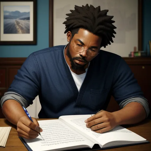 a man with dreadlocks is writing on a book and holding a pen in his hand and looking at the camera, by Pixar Concept Artists