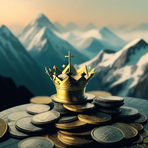 a crown sitting on top of a pile of coins in front of a mountain range with a cross on it, by Filip Hodas