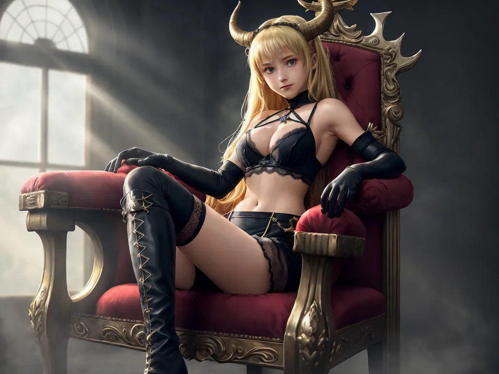 how to make photos high resolution - a woman in a cosplay sitting on a chair with horns on her head and a demon like headband, by Hanabusa Itchō