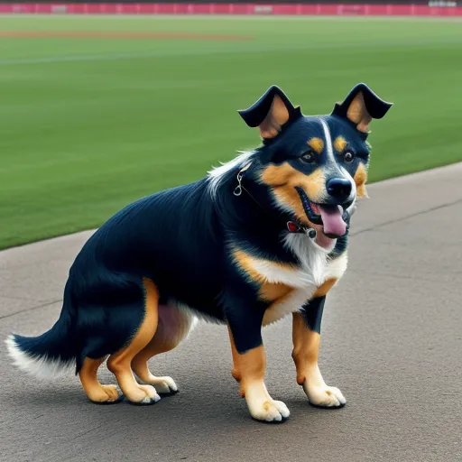 a dog standing on a baseball field with its tongue out and tongue out, with a ball in its mouth, by William Wegman