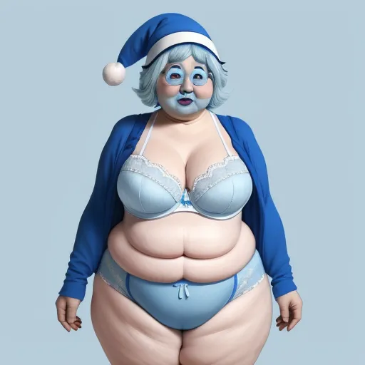 a woman in a blue santa hat and blue underwear is standing in a blue underwear and a blue santa hat, by Hendrick Goudt