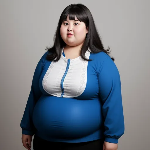 text to ai generated image - a woman with a large belly standing in front of a gray background with a blue top and black pants, by Terada Katsuya