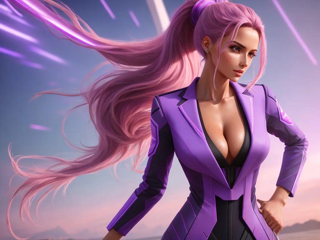 translate image online - a woman with pink hair and a purple suit on a beach with a jet in the background and a pink sky, by Sailor Moon