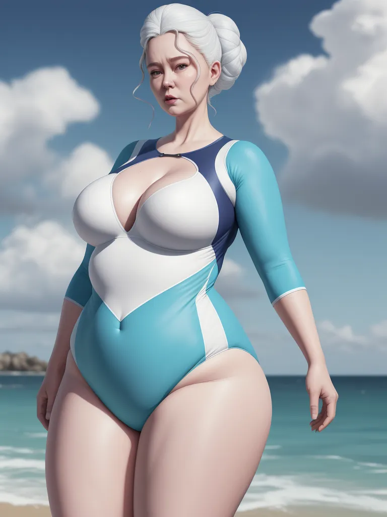 how to increase resolution of image - a woman in a blue and white swimsuit standing on a beach next to the ocean with a sky background, by Hirohiko Araki