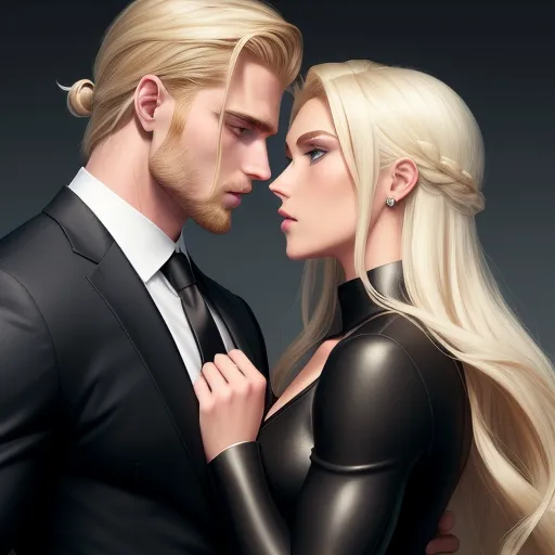 a man and a woman are dressed in black and white clothing and are facing each other with their heads touching, by Lois van Baarle