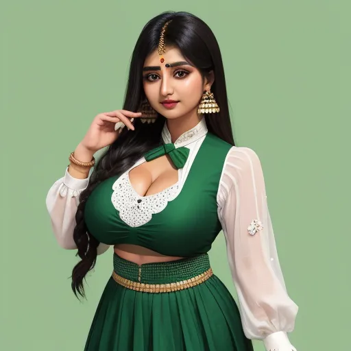 ai image generator from image - a woman in a green dress with a white shirt and a green skirt with a white shirt and a green skirt with a white shirt and a white shirt with a white collar and a gold, by Raja Ravi Varma