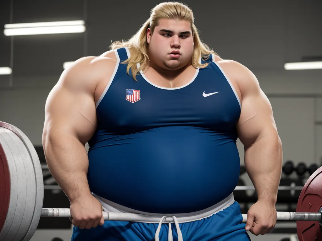 image convertion: Mammoth obese American college male weightlifter,