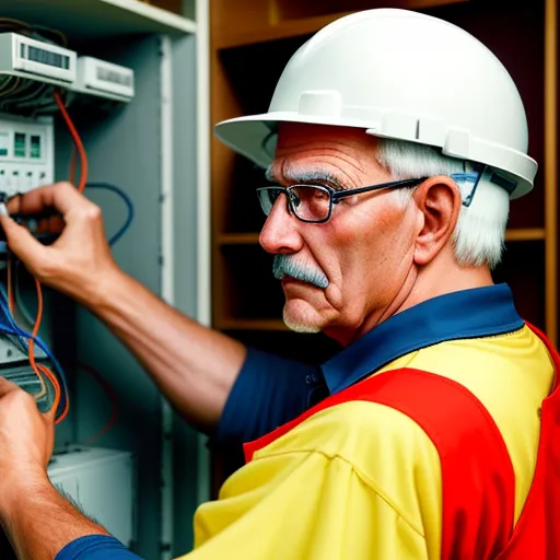 a man in a hard hat is working on a switch box with wires and wires attached to it and a wire box with wires, by Hendrik van Steenwijk I