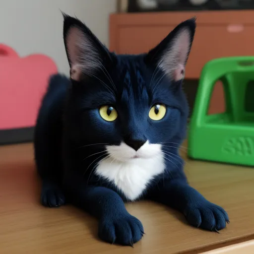 a black cat with yellow eyes sitting on a table next to a green toy truck and a green plastic bin, by Sailor Moon