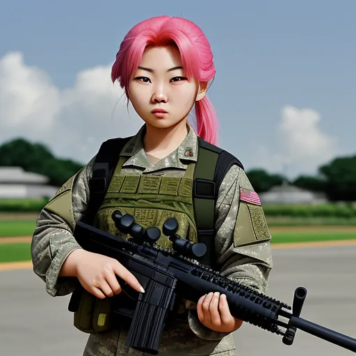 make image higher resolution - a woman in a pink wig holding a rifle and a gun in her hand while standing on a runway, by Terada Katsuya