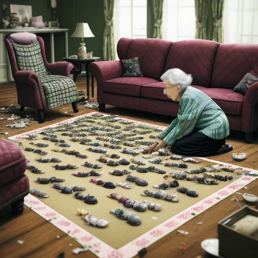 an elderly woman sitting on the floor looking at a display of shoes on a rug in front of a couch, by Sandy Skoglund