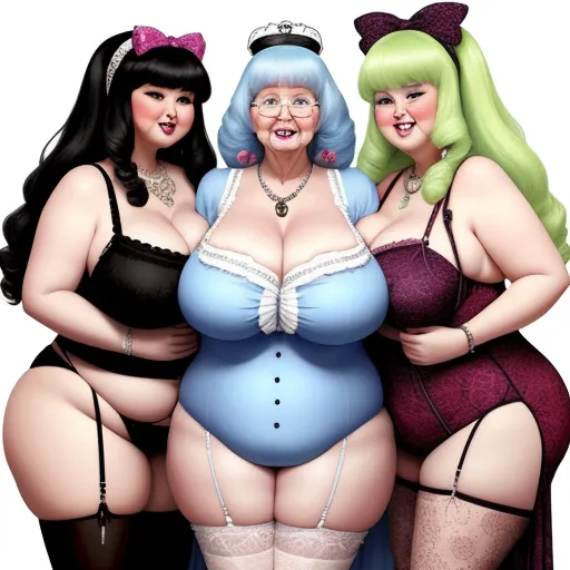 three women in lingerie outfits posing for a picture together, one of them is wearing a bra and the other is wearing a bra, by Botero