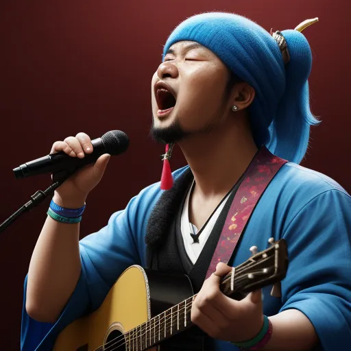 image resolution enhancer - a man with a blue wig singing into a microphone and holding a guitar in his hand and singing into a microphone, by Toei Animations