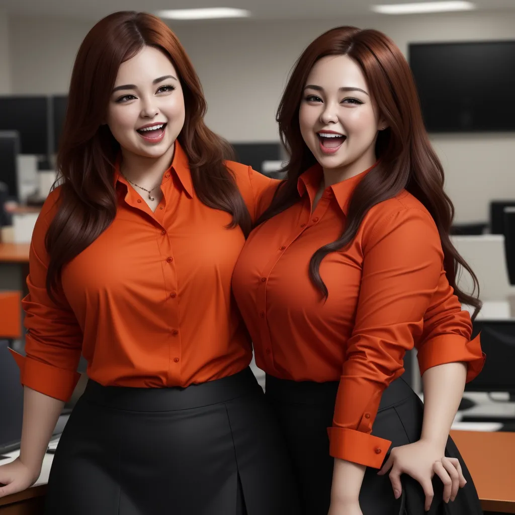 best text to image ai - two women in orange shirts and black skirts posing for a picture in an office setting with a computer desk and monitor, by Terada Katsuya
