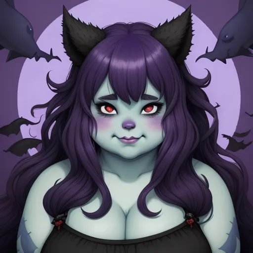 a woman with purple hair and a black cat ears on her head and a purple background with bats flying overhead, by Lois van Baarle