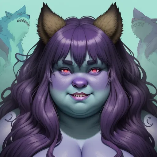 a woman with purple hair and a cat's head on her face and two cats behind her head, by Lois van Baarle