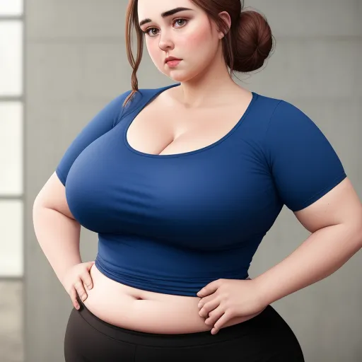 free ai photo - a woman with a very large breast standing in a blue top and black pants with her hands on her hips, by Terada Katsuya