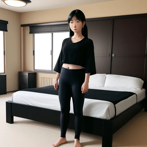 ai text image - a woman standing in front of a bed in a bedroom with a black headboard and a white bed, by Terada Katsuya