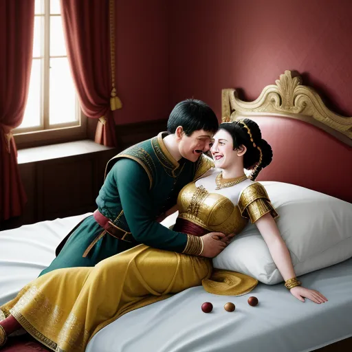 free text to image generator - a man and woman are sitting on a bed together, dressed in medieval clothing, smiling at each other, by Terada Katsuya