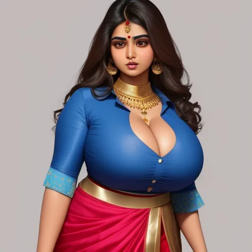 a woman in a blue top and red skirt with gold jewelry on her neck and chest, with a large breast, by Raja Ravi Varma