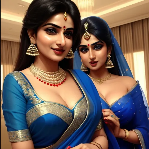 enlarge image - two women in blue sari are posing for a picture together, both wearing jewelry and a veil on their head, by Raja Ravi Varma