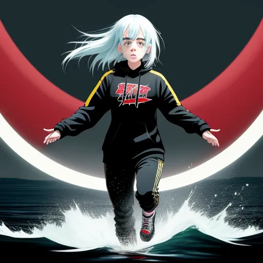 a woman with white hair is running through the water with a red and white circle behind her and a black and white background, by Bakemono Zukushi