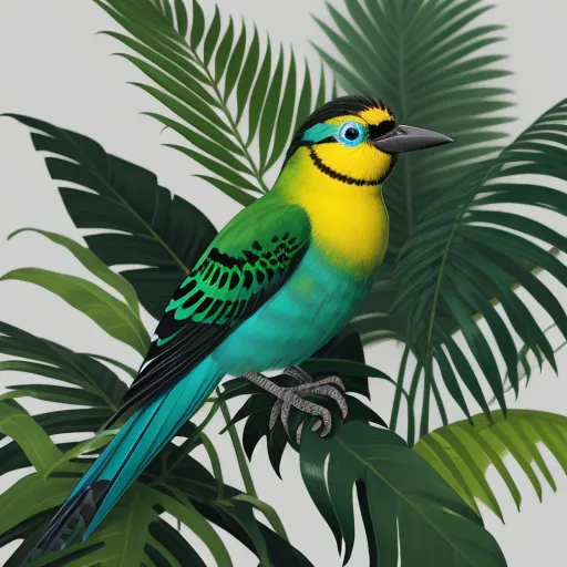 a colorful bird perched on a branch of a palm tree with leaves around it and a white background behind it, by Hendrik van Steenwijk I