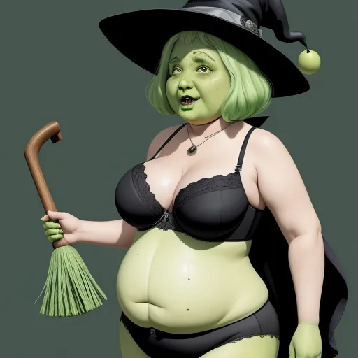 ai image generator online - a woman in a witch costume holding a broom and a green apple in her hand, while wearing a black bra, by Ed Paschke