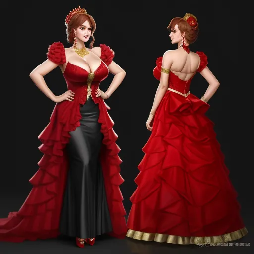 a woman in a red dress with a gold necklace and a black dress with a red ruffle skirt, by Sailor Moon
