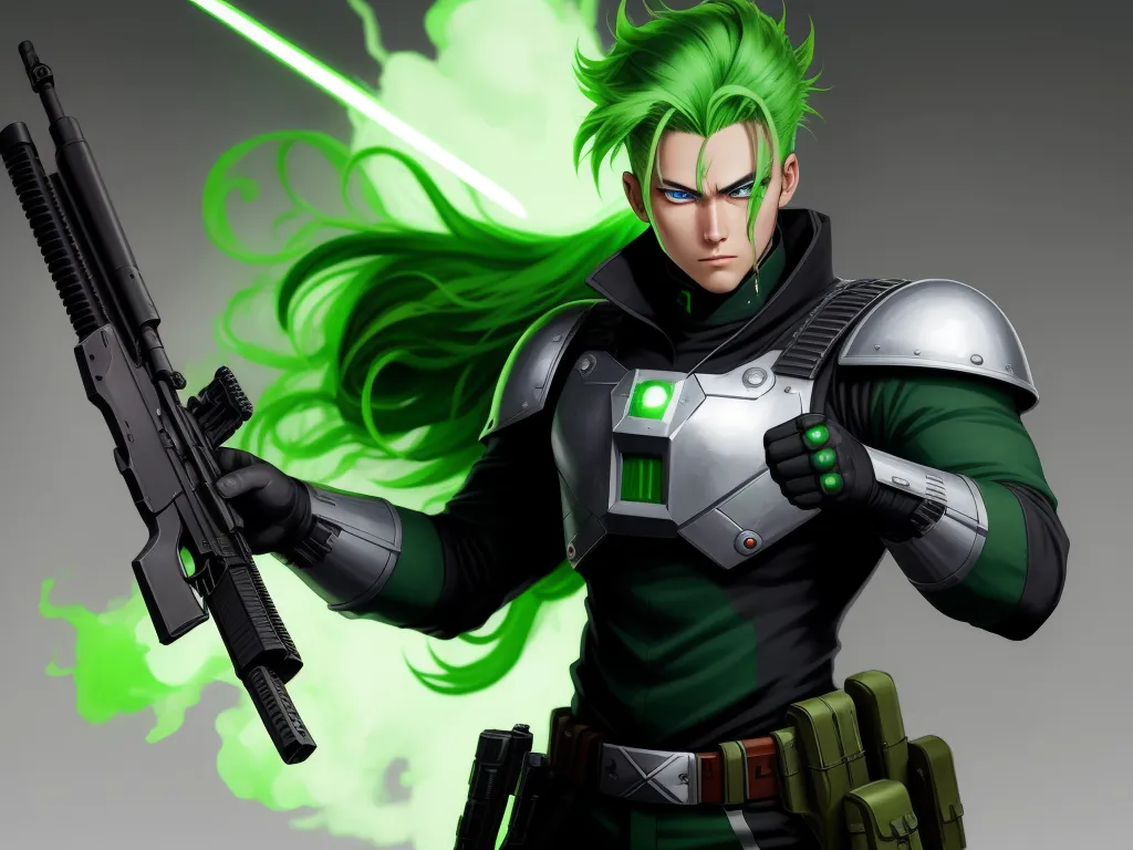 a man with a green hair holding a gun and a green light saber in his hand and a green light saber in his other hand, by Hiromu Arakawa