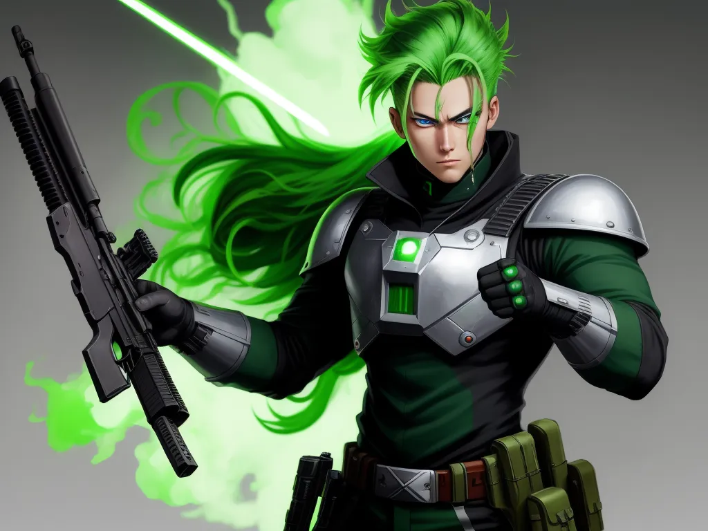 increase image resolution - a man with a green hair holding a gun and a green light saber in his hand and a green light saber in his other hand, by Hiromu Arakawa