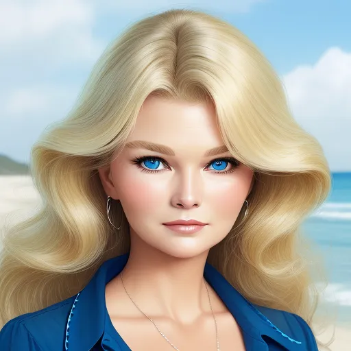 a blonde woman with blue eyes and a necklace on a beach with a blue sky and ocean in the background, by Daniela Uhlig