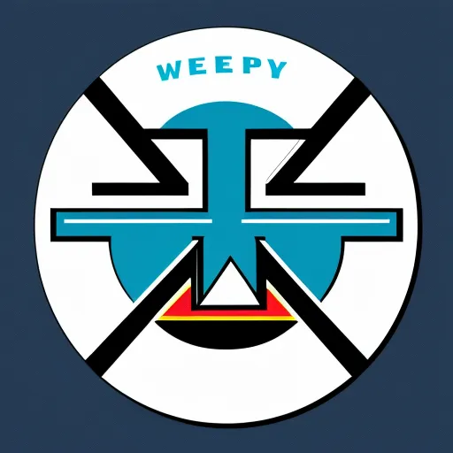 a circular logo with a cross and a word that says weepy on it in a blue background with a red, yellow, and black circle, by Jamie Hewlett