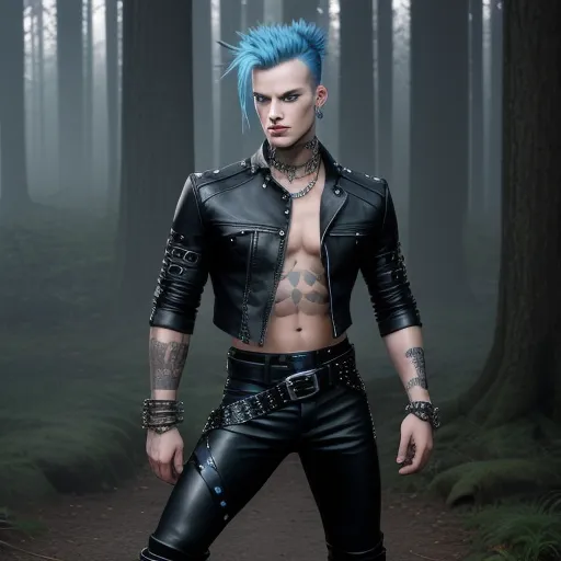hd images - a man with blue hair and piercings standing in a forest with trees and a path in the background, by Terada Katsuya