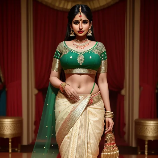 a woman in a green and white sari with a green blouse and gold jewelry on her head and a red and white sari, by Hendrik van Steenwijk I