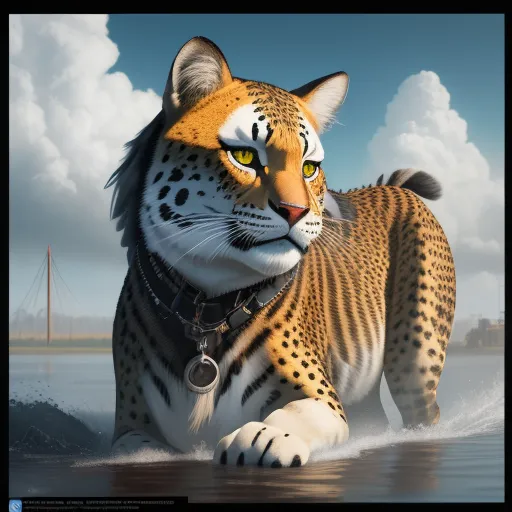 a painting of a tiger in the water with a sky background and clouds in the background, with a boat in the water, by Alison Kinnaird