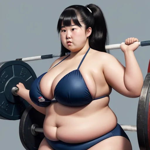 generate picture from text - a woman in a bikini holding a barbell and weight plate in front of her face, with a weight bar in the background, by Terada Katsuya