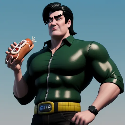 a man in a green shirt holding a hot dog and a football ball in his hand, with a watch on his wrist, by Genndy Tartakovsky