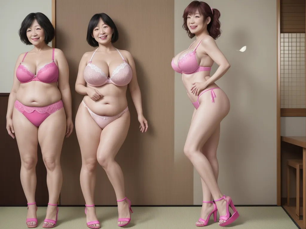 three women in lingerie posing for a picture in a room with a wall and a door in the background, by Terada Katsuya