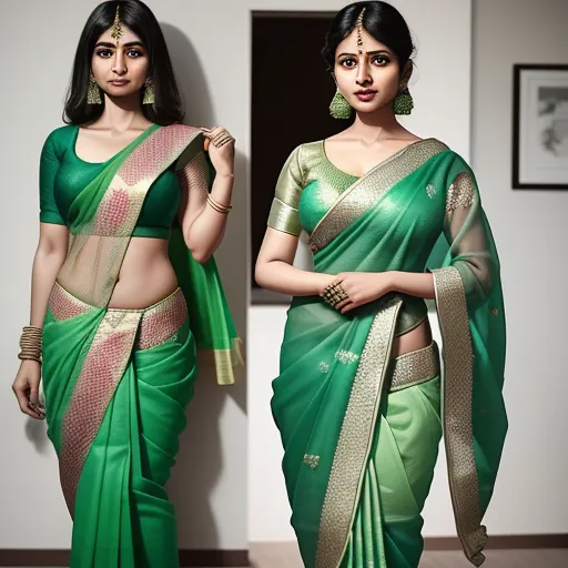 make image higher resolution - two women in green and gold sari outfits, one with a blouse and the other with a blouse, by Raja Ravi Varma