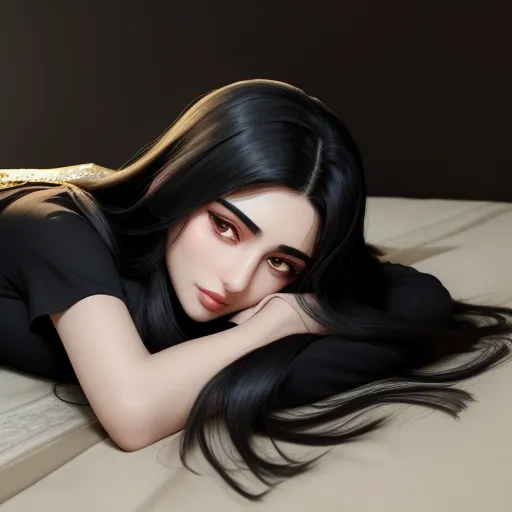 a woman laying on a bed with her hair in a ponytail and a black shirt on her chest and a gold purse on her shoulder, by Lois van Baarle